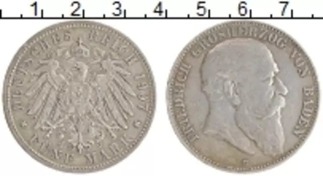 Монета 5 марок Бадена 1907 года Серебро G Фридрих