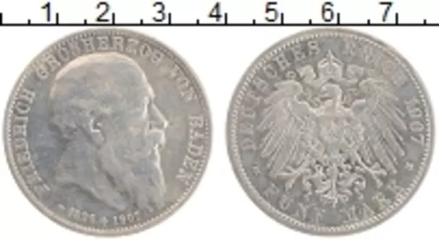 Монета 5 марок Бадена 1907 года Серебро На смерть Фридриха