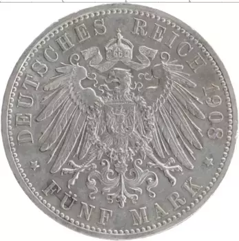 Монета 5 марок Бадена 1908 года Серебро G