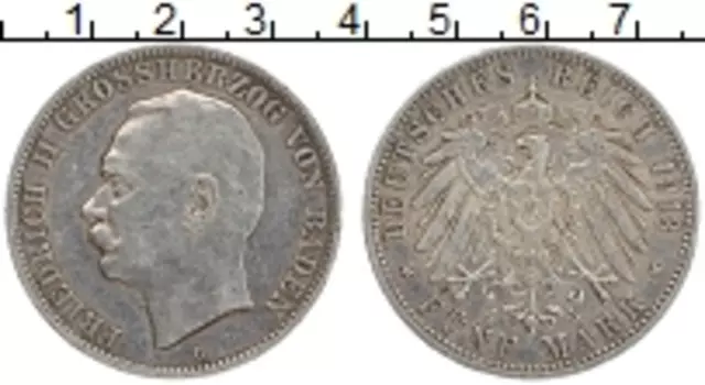 Монета 5 марок Бадена 1913 года Серебро G Фридрих II
