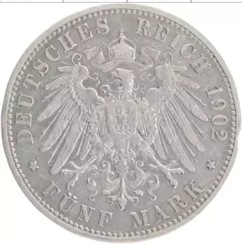 Монета 5 марок Баварии 1902 года Серебро Отто