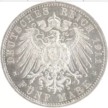 Монета 5 марок Баварии 1911 года Серебро Принц-регент Луитпольд