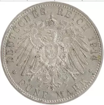 Монета 5 марок Баварии 1914 года Серебро D