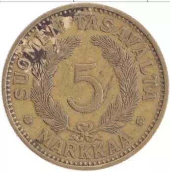 Монета 5 марок Финляндии 1930 года Бронза