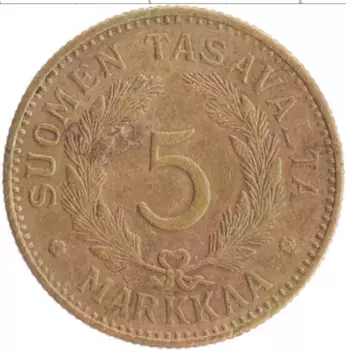 Монета 5 марок Финляндии 1941 года Бронза