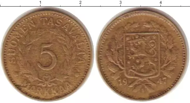 Монета 5 марок Финляндии 1947 года Латунь
