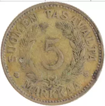 Монета 5 марок Финляндии 1948 года Бронза