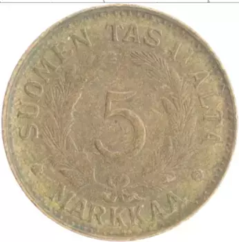 Монета 5 марок Финляндии 1948 года Латунь