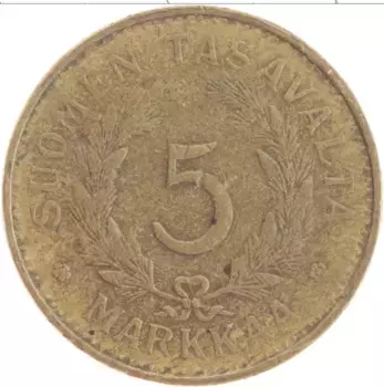 Монета 5 марок Финляндии 1949 года Латунь Герб