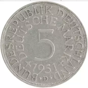 Монета 5 марок ФРГ 1951 года Серебро D