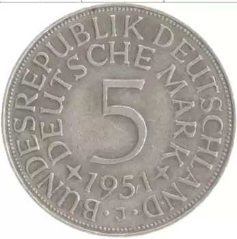Монета 5 марок ФРГ 1951 года Серебро J