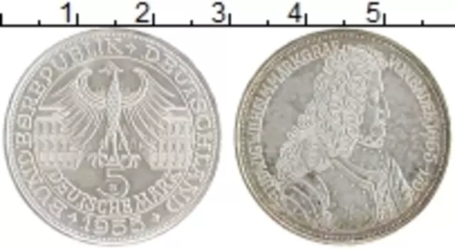 Монета 5 марок ФРГ 1955 года Серебро G 300-летие Людвига фон Бадена