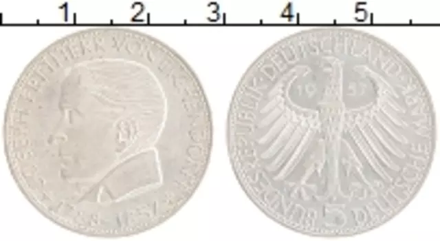 Монета 5 марок ФРГ 1957 года Серебро 100 лет со дня смерти Джозефа фрейхера Эйкендорфа J