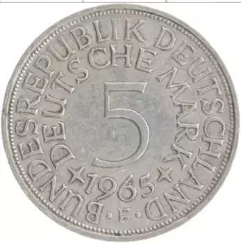 Монета 5 марок ФРГ 1965 года Серебро F