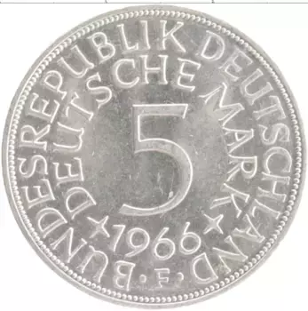 Монета 5 марок ФРГ 1966 года Серебро F