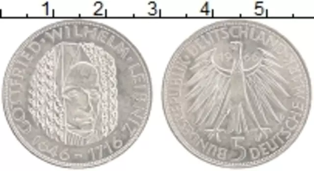 Монета 5 марок ФРГ 1966 года Серебро Готфрид Вильгельм Лейбниц, D