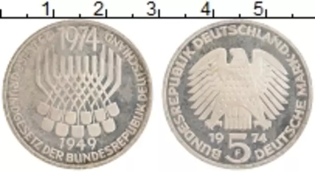 Монета 5 марок ФРГ 1974 года Серебро F 25 лет конституционному праву