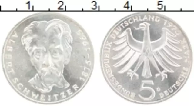 Монета 5 марок ФРГ 1975 года Серебро G Альберт Швейцер