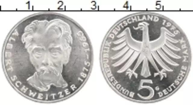 Монета 5 марок ФРГ 1975 года Серебро G Альберт Швейтцер