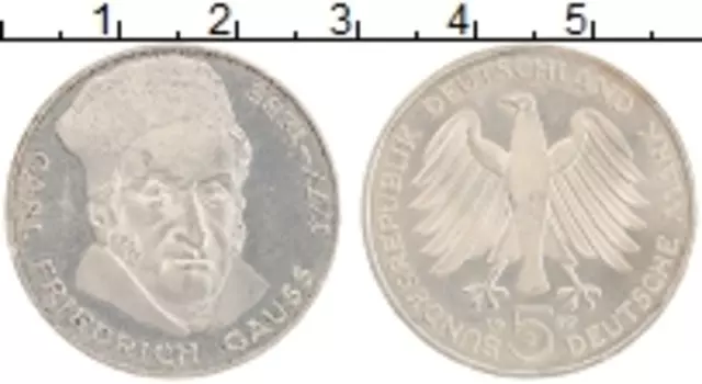Монета 5 марок ФРГ 1977 года Серебро Карл Фридрих Гаусс J