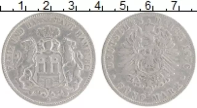Монета 5 марок Гамбурга 1876 года Серебро J
