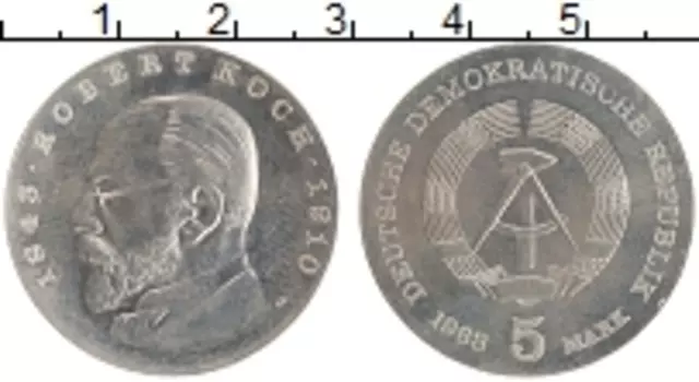 Монета 5 марок ГДР 1968 года Медно-никель 125 лет со дня рождения Роберта Коха