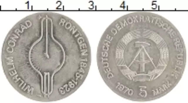 Монета 5 марок ГДР 1970 года Медно-никель Вильгельм Конрад Рентген