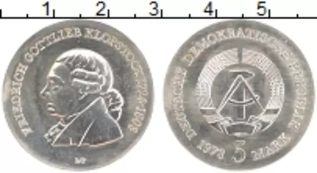Монета 5 марок ГДР 1978 года Медно-никель 175 лет со дня смерти Фридриха Готлиба Клопштока
