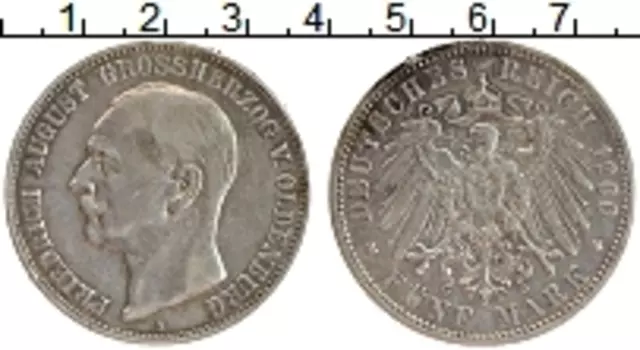 Монета 5 марок Ольденбурга 1900 года Серебро А Фридрих Август