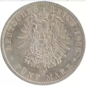 Монета 5 марок Пруссии 1888 года Серебро А