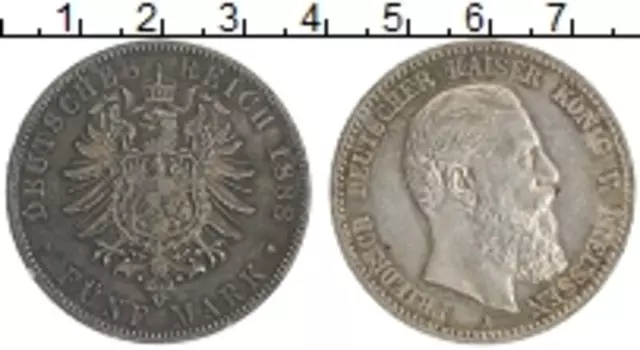 Монета 5 марок Пруссии 1888 года Серебро А Фридрих