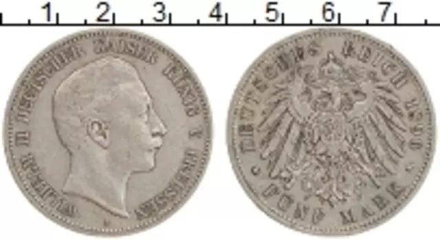 Монета 5 марок Пруссии 1896 года Серебро А Вильгельм II