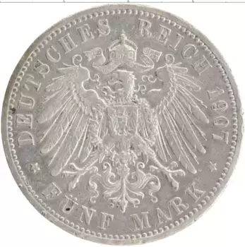 Монета 5 марок Пруссии 1907 года Серебро А Вильгельм II
