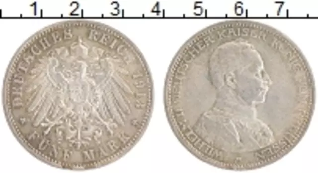 Монета 5 марок Пруссии 1913 года Серебро А Вильгельм II
