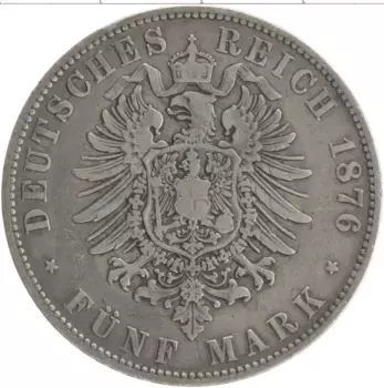 Монета 5 марок Саксонии 1876 года Серебро Альберт