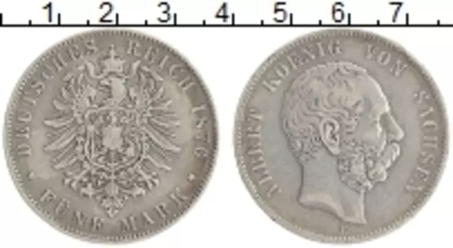 Монета 5 марок Саксонии 1876 года Серебро F Альберт