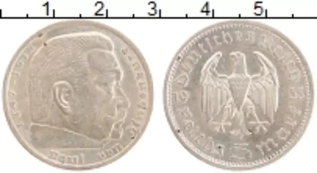 Монета 5 марок Третьего Рейха 1935 года Серебро Пауль фон Гинденбург