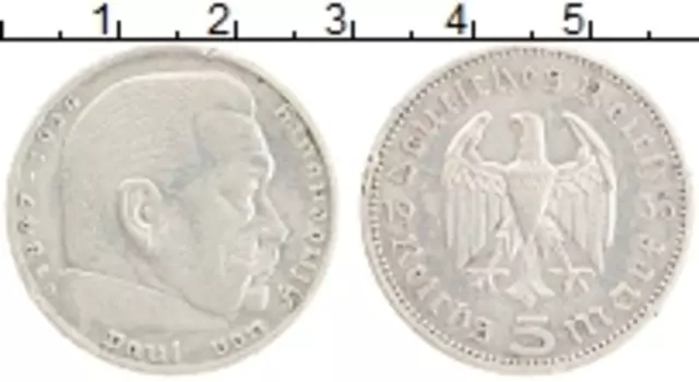 Монета 5 марок Третьего Рейха 1936 года Серебро A