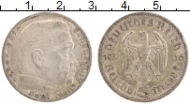 Монета 5 марок Третьего Рейха 1936 года Серебро А Гинденбург