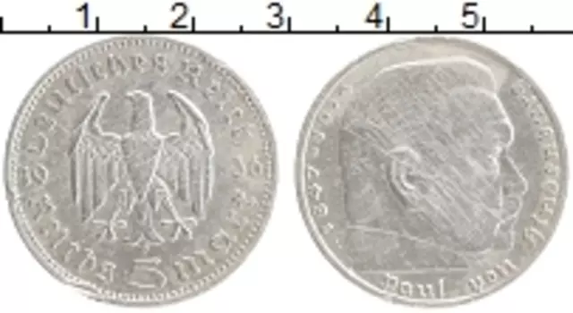 Монета 5 марок Третьего Рейха 1936 года Серебро Пауль фон Гинденбург А