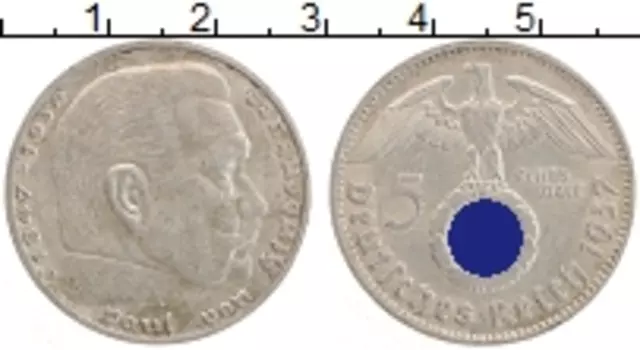 Монета 5 марок Третьего Рейха 1937 года Серебро D