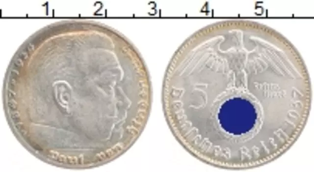 Монета 5 марок Третьего Рейха 1937 года Серебро D