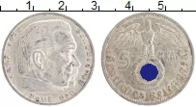 Монета 5 марок Третьего Рейха 1938 года Серебро A