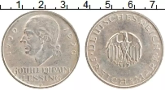 Монета 5 марок Веймарской республики 1929 года Серебро D Лессинг 200 лет