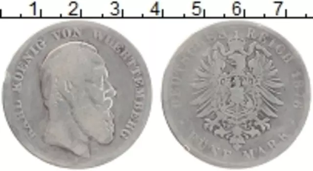 Монета 5 марок Вюртемберга 1876 года Серебро Карл