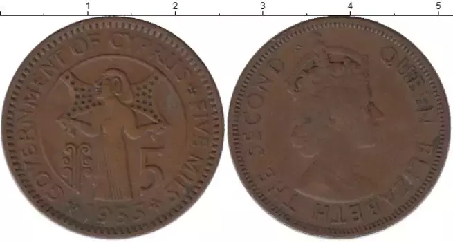 Монета 5 милс Кипра 1955 года Медь Елизавета II