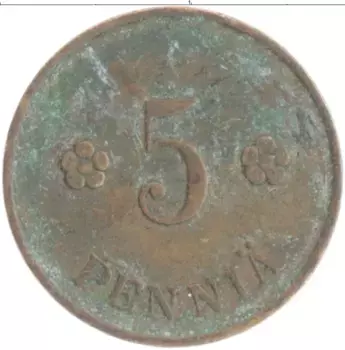 Монета 5 пенни Финляндии 1919 года Медь