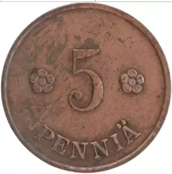 Монета 5 пенни Финляндии 1920 года Бронза