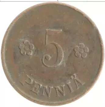 Монета 5 пенни Финляндии 1920 года Медь