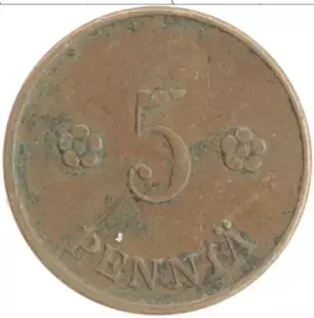 Монета 5 пенни Финляндии 1922 года Медь